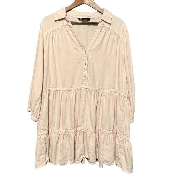 ZARA Linen Blend Pink Pastel Tiered Babydoll Button Collared Neckline Mini Dress - Picture 4 of 10